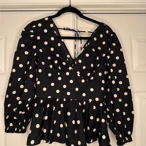 Derek Lam 10 Crosby Black & Cream Polka Dot Peplum Blouse Size 6